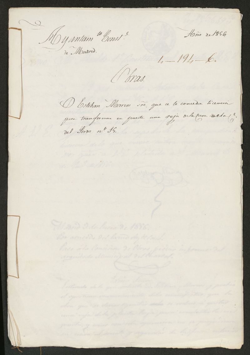 D. Esteban Marcos, sobre que se le conceda licencia para transformar en puerta una reja de la casa de la calle del Sordo n 15. (1856)