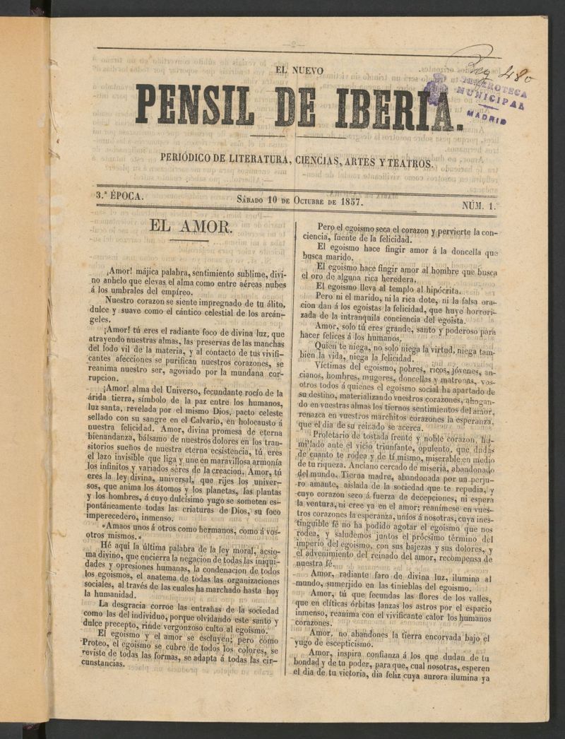 El nuevo Pensil de Iberia del 10 de octubre de 1857