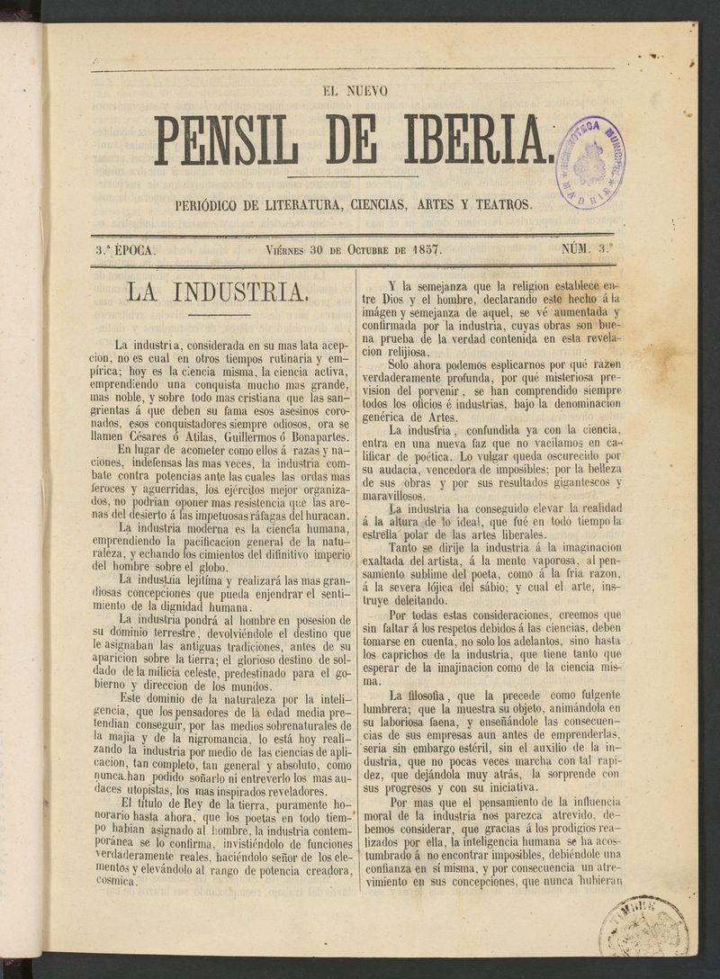El nuevo Pensil de Iberia del 30 de octubre de 1857
