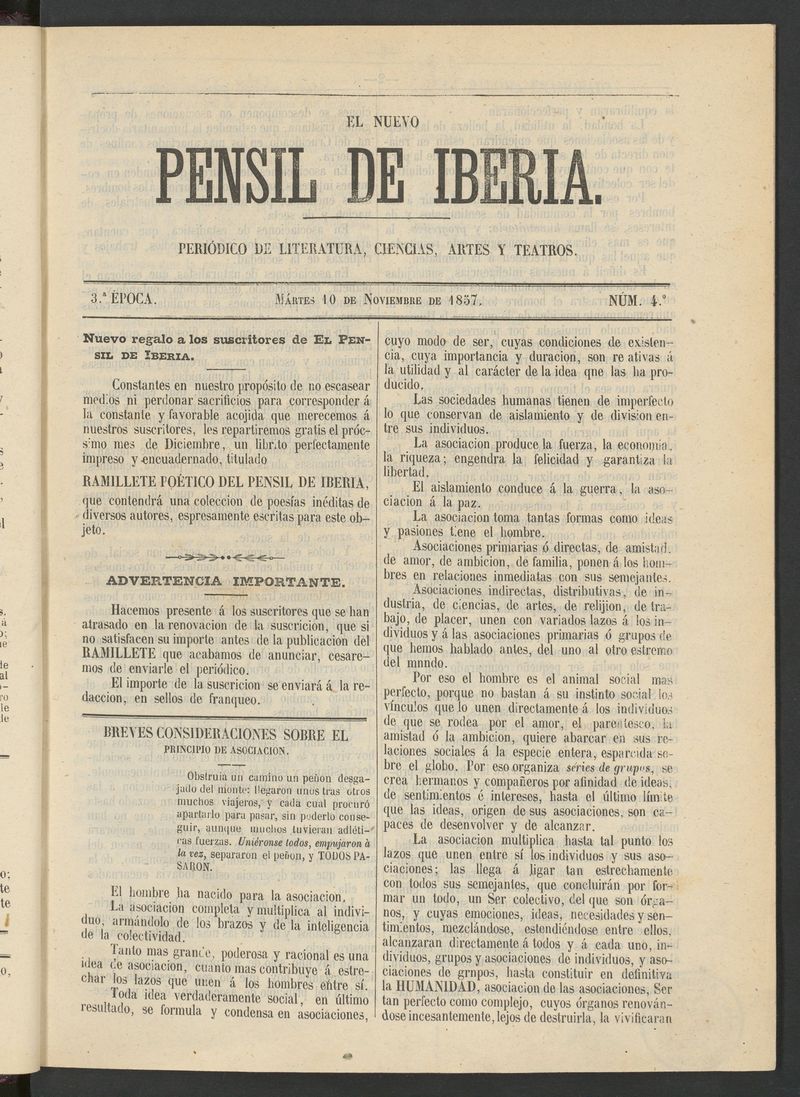 El nuevo Pensil de Iberia del 10 de noviembre de 1857