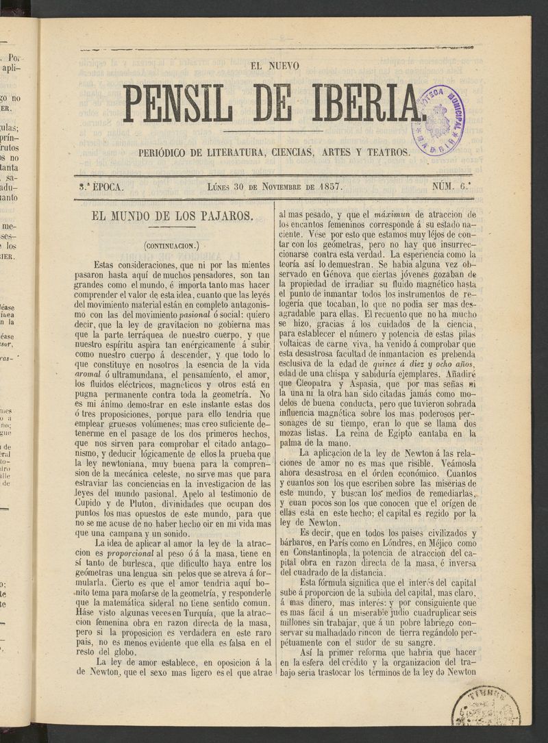 El nuevo Pensil de Iberia del 30 de noviembre de 1857