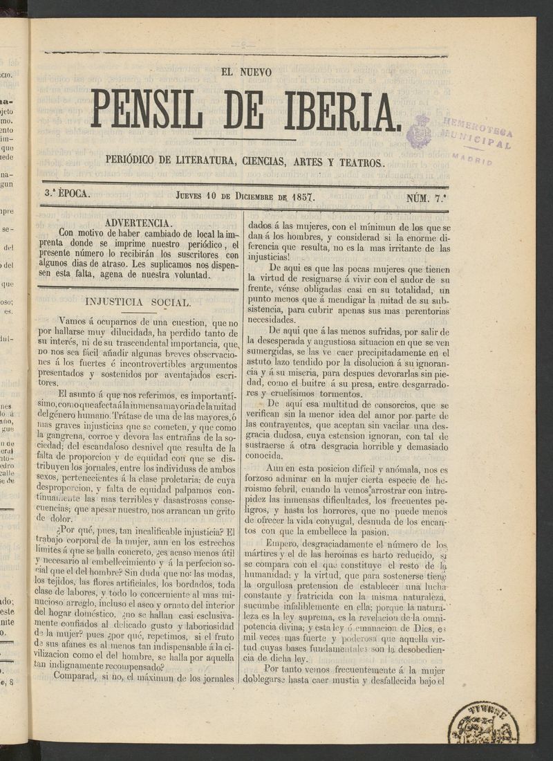 El nuevo Pensil de Iberia del 10 de diciembre de 1857