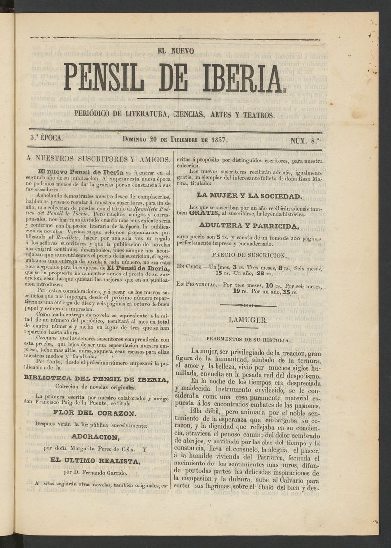 El nuevo Pensil de Iberia del 20 de diciembre de 1857