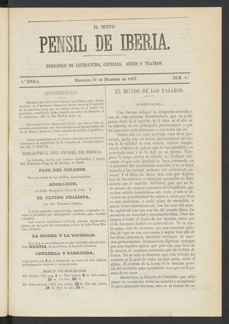 El nuevo Pensil de Iberia del 30 de diciembre de 1857