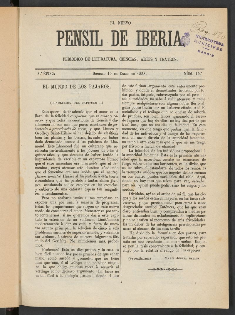 El nuevo Pensil de Iberia del 10 de enero de 1858