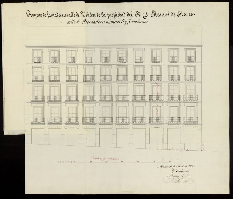 D. Manuel de Marcos, actual dueo de la casa calle de Bordadores, n 5 y 7, manzana 389, pide licencia para edificarla de nueva planta. (1856-58)
