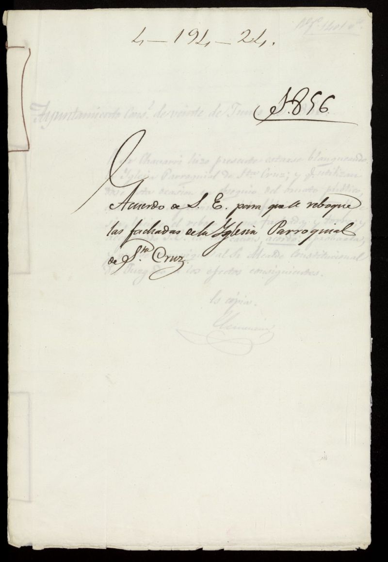 Acuerdo de S.E. para que se reboque las fachadas de la Iglesia Parroquial de Sta. Cruz. (1856)