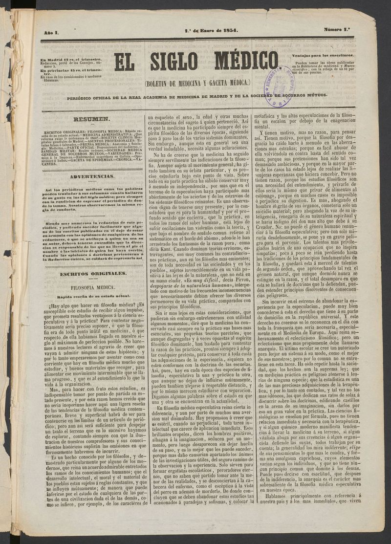 El Siglo Médico: boletín de medicina y gaceta médica del 1 de enero de 1854