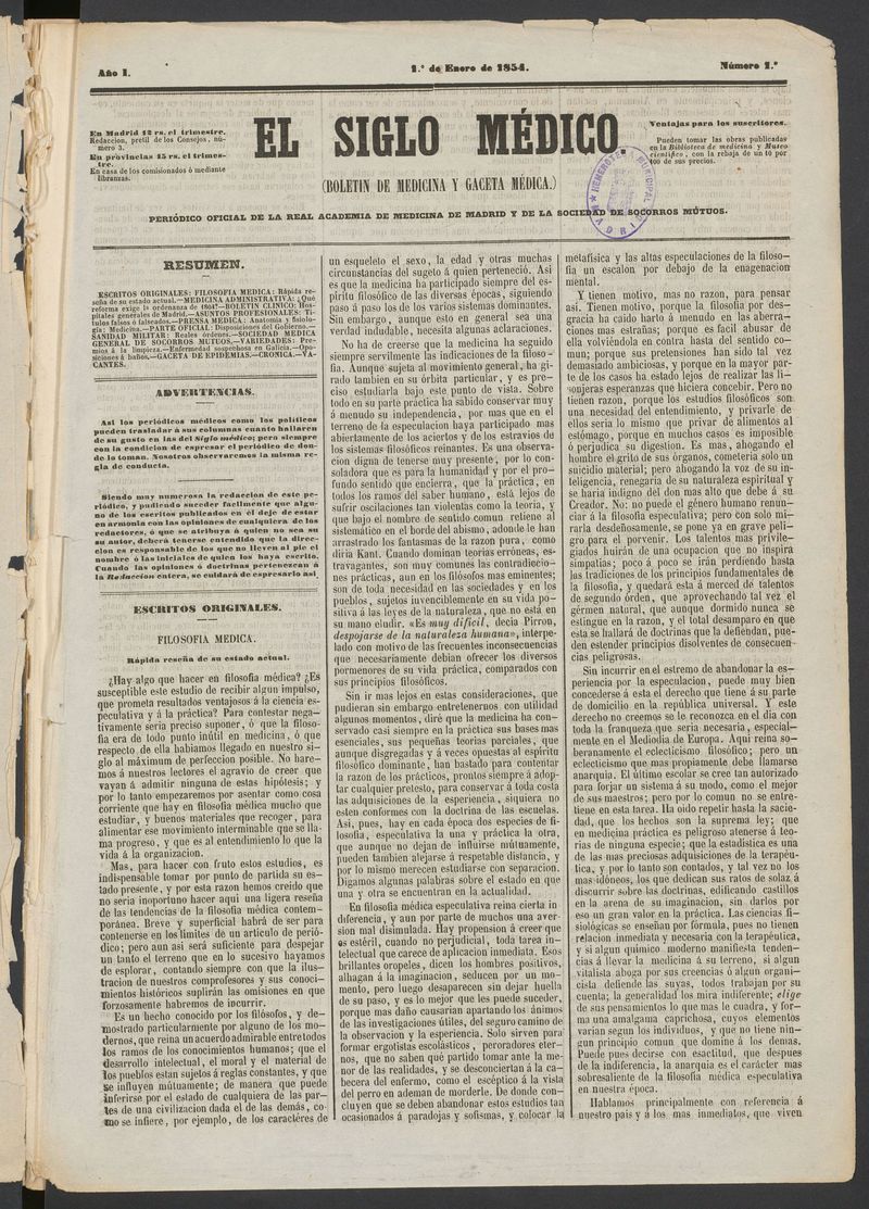 El Siglo Mdico: boletn de medicina y gaceta mdica del 1 de enero de 1854