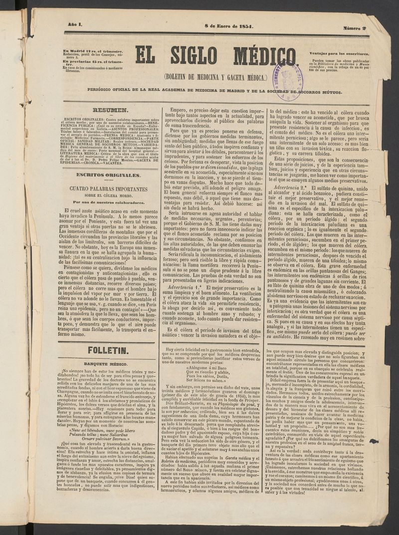 El Siglo Mdico: boletn de medicina y gaceta mdica del 8 de enero de 1854