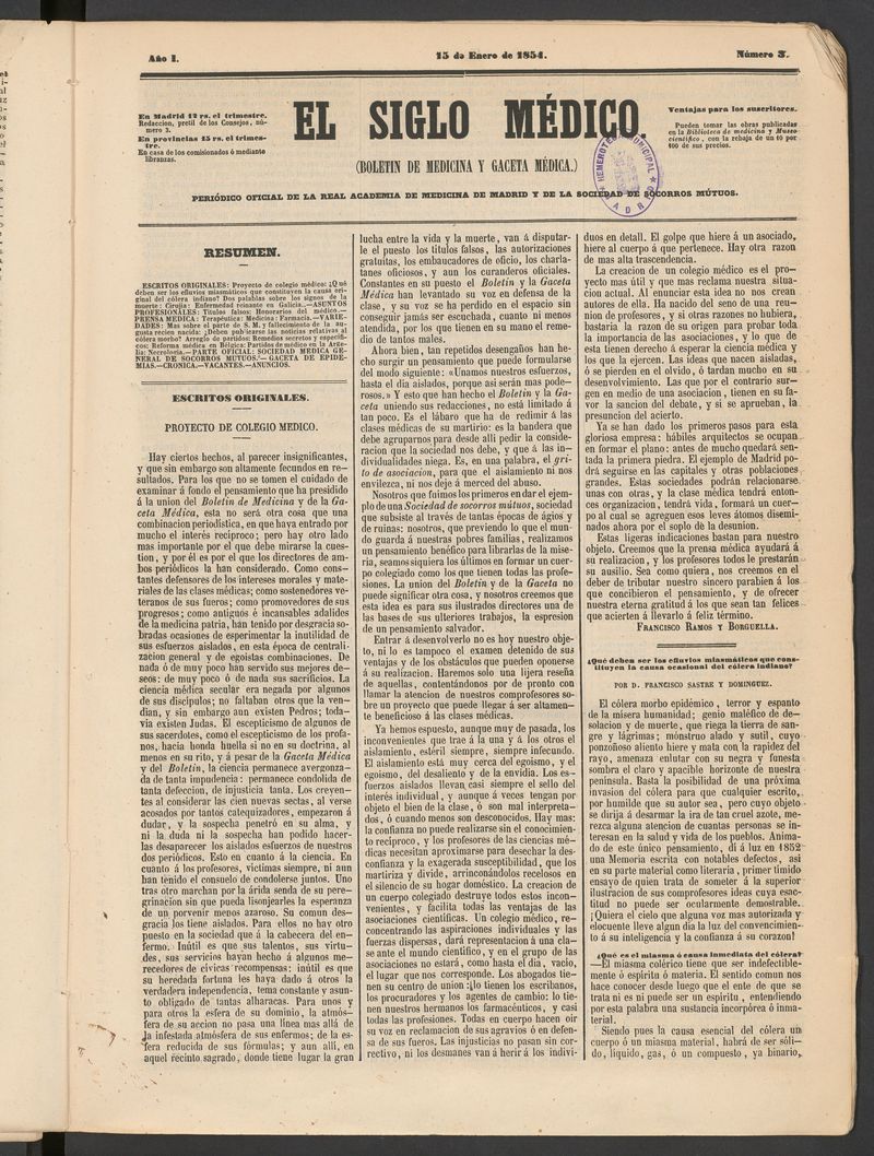 El Siglo Mdico: boletn de medicina y gaceta mdica del 15 de enero de 1854