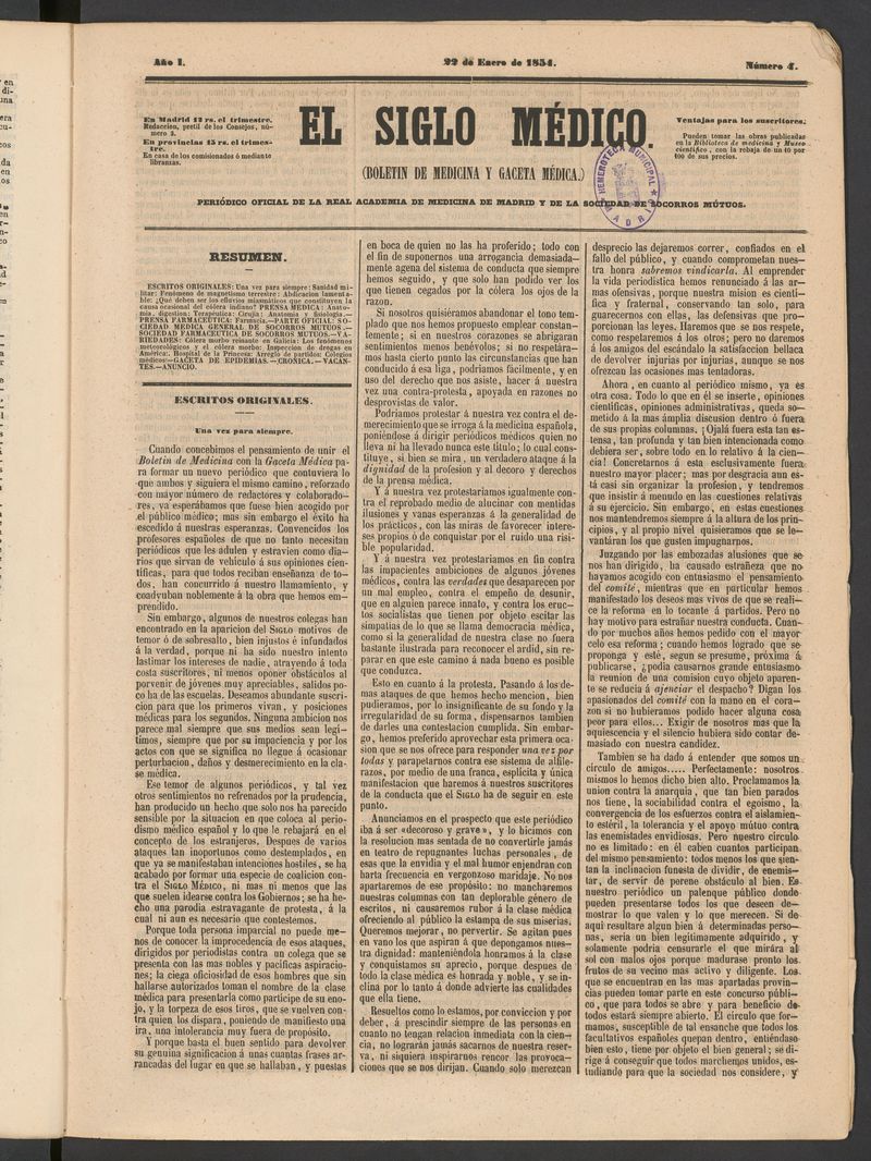 El Siglo Médico: boletín de medicina y gaceta médica del 22 de enero de 1854