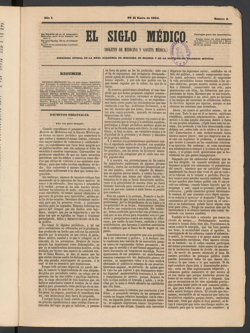 El Siglo Mdico: boletn de medicina y gaceta mdica del 22 de enero de 1854