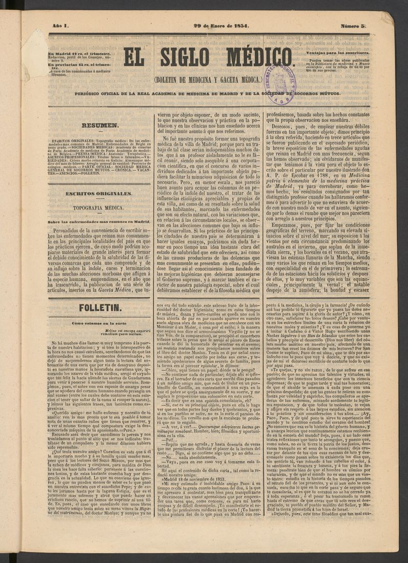 El Siglo Mdico: boletn de medicina y gaceta mdica del 29 de enero de 1854