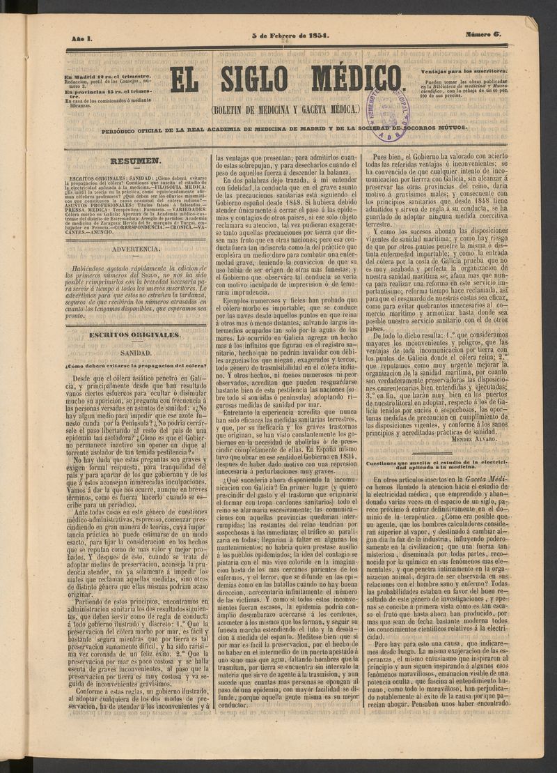 El Siglo Mdico: boletn de medicina y gaceta mdica del 5 de febrero de 1854