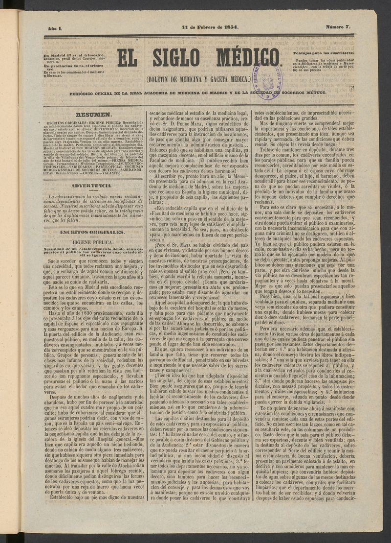 El Siglo Médico: boletín de medicina y gaceta médica del 11 de febrero de 1854
