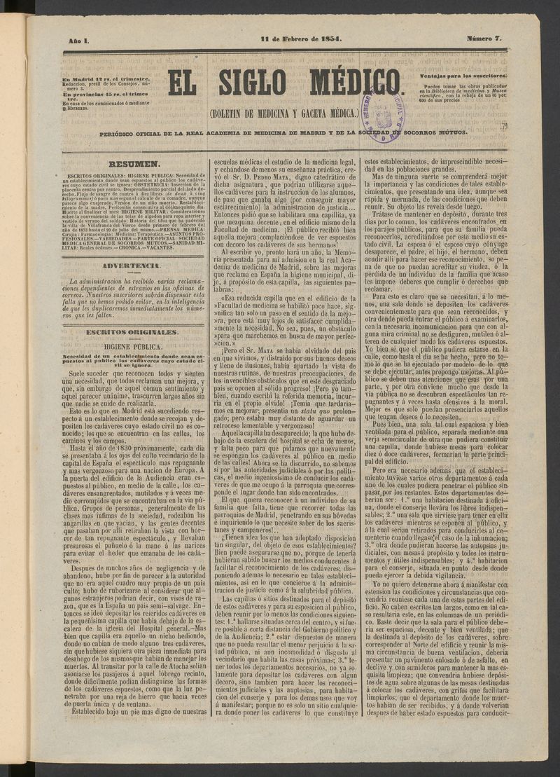 El Siglo Mdico: boletn de medicina y gaceta mdica del 11 de febrero de 1854