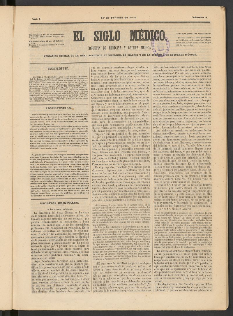 El Siglo Médico: boletín de medicina y gaceta médica del 19 de febrero de 1854