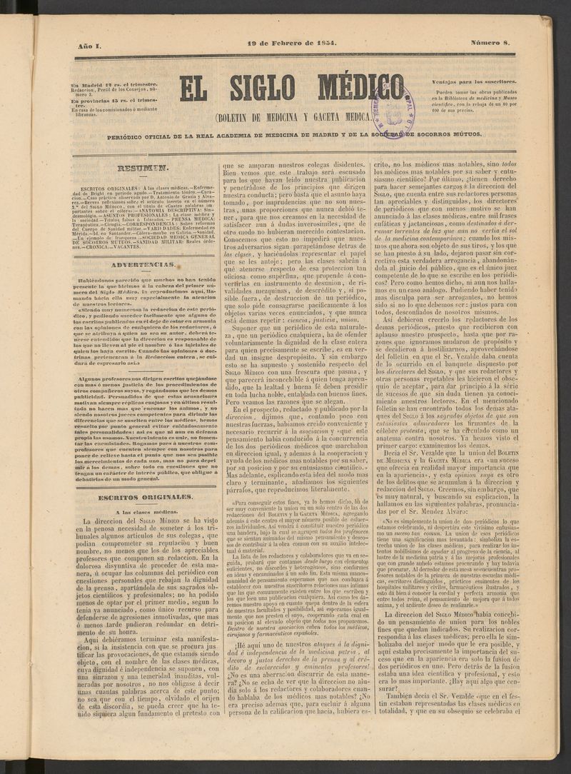 El Siglo Mdico: boletn de medicina y gaceta mdica del 19 de febrero de 1854