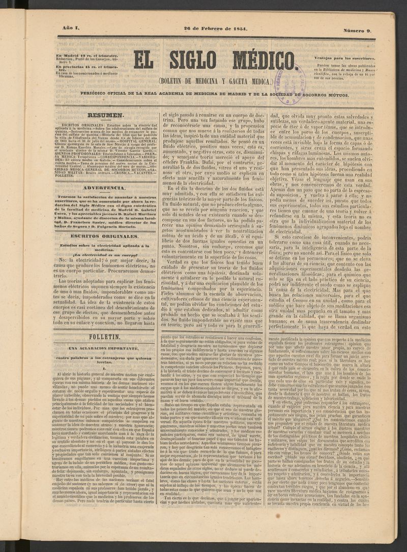 El Siglo Mdico: boletn de medicina y gaceta mdica del 26 de febrero de 1854