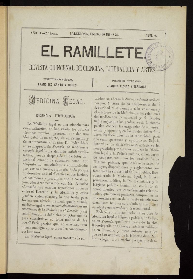 El ramillete : revista quincenal de ciencias, literatura y artes del 30 de enero de 1875
