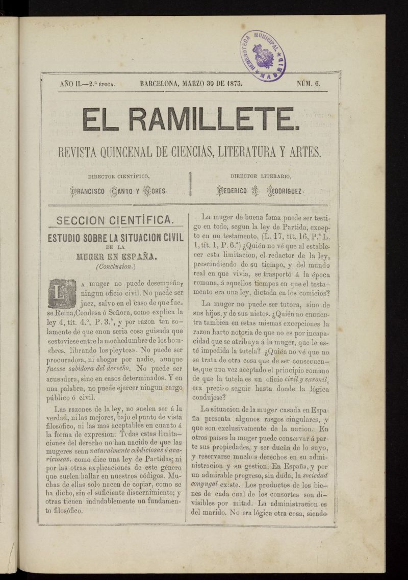 El ramillete : revista quincenal de ciencias, literatura y artes del 30 de marzo de 1875