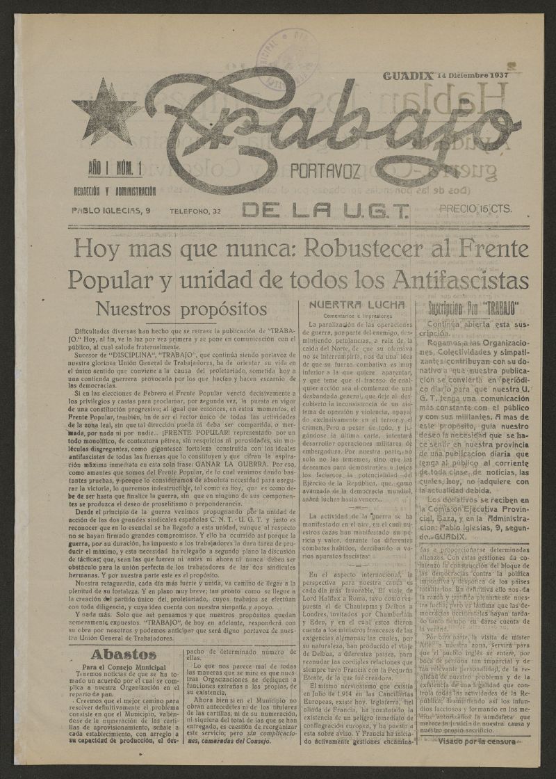 Trabajo : portavoz de la UGT del 14 de diciembre de 1937