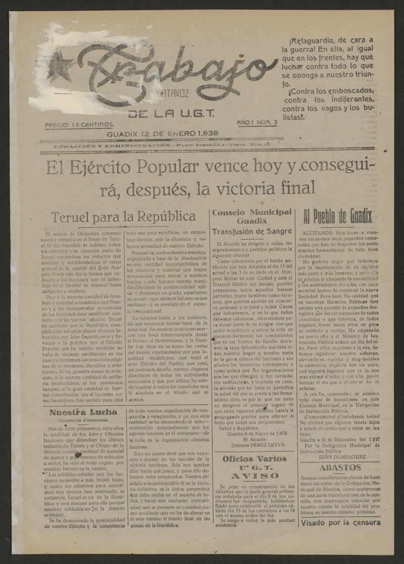 Trabajo : portavoz de la UGT del 12 de enero de 1938