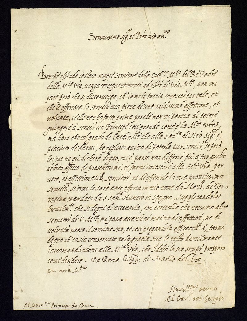 Carta del Cardenal de San Jorge al Príncipe Carlos, hijo de Felipe II, ofreciéndole sus servicios