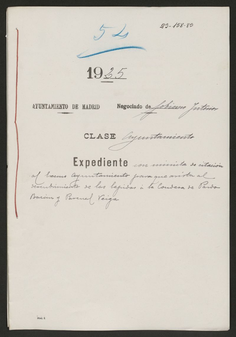 Expediente solicitando que el Ayuntamiento de Madrid asista al descubrimiento de las lpidas a la Condesa de Pardo Bazn