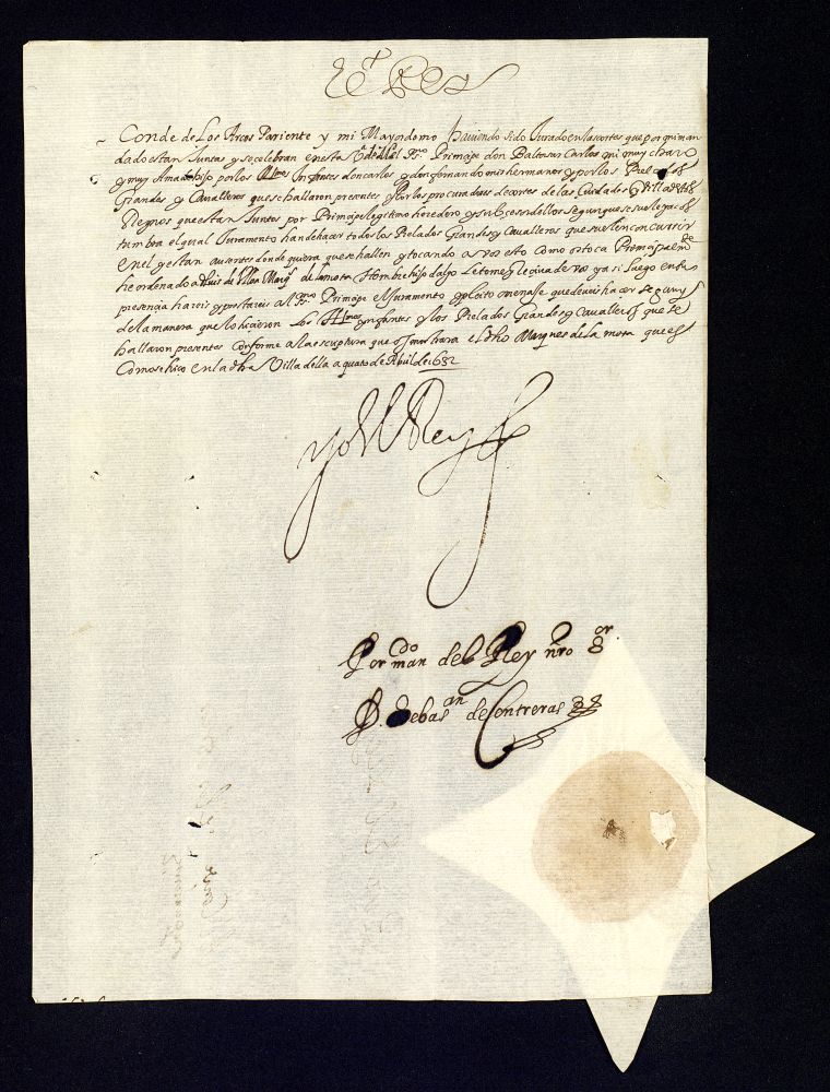 [Real cdula de Felipe IV al Conde de los Arcos ordenndole que preste juramento a D. Luis de Ulloa, Marqus de la Mota, reconociendo como heredero al prncipe Baltasar Carlos