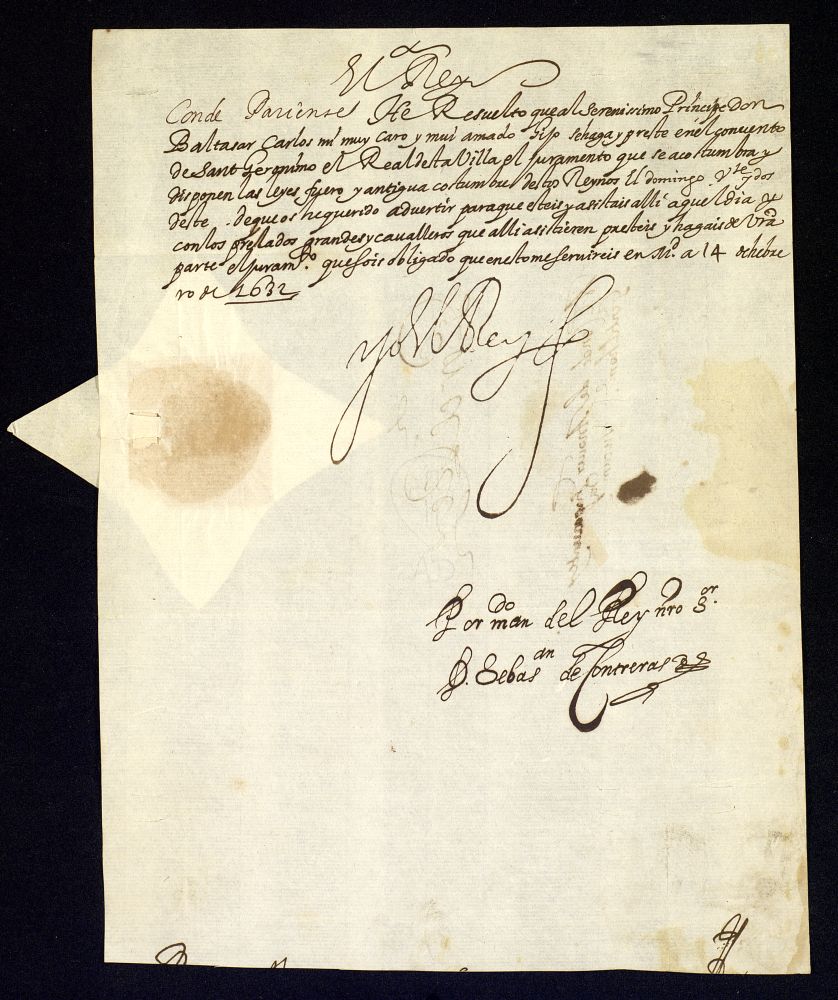 Real cdula de Felipe IV al Conde de Aover ordenndole asista al juramento del prncipe Baltasar Carlos.
