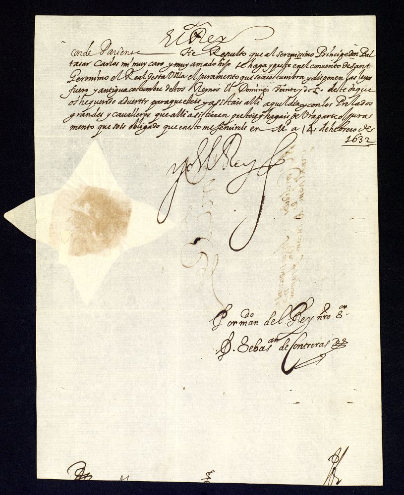 Real cdula de Felipe IV al Conde de los Arcos ordenndole asista al juramento del prncipe Baltasar Carlos.