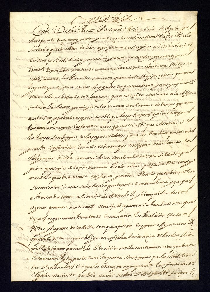 Real cdula de Felipe IV al conde de los Arcos ordenndole contine por otros seis aos ms la obligacin de pagar cinco soldados a razn de sesenta reales al mes cada uno, obligndole, por la situacin de la Hacienda, a que le sirva, adems, con el nmero de lanzas que por razn de su cargo le corresponden, a pesar de haberle sido subrogada esta obligacin.