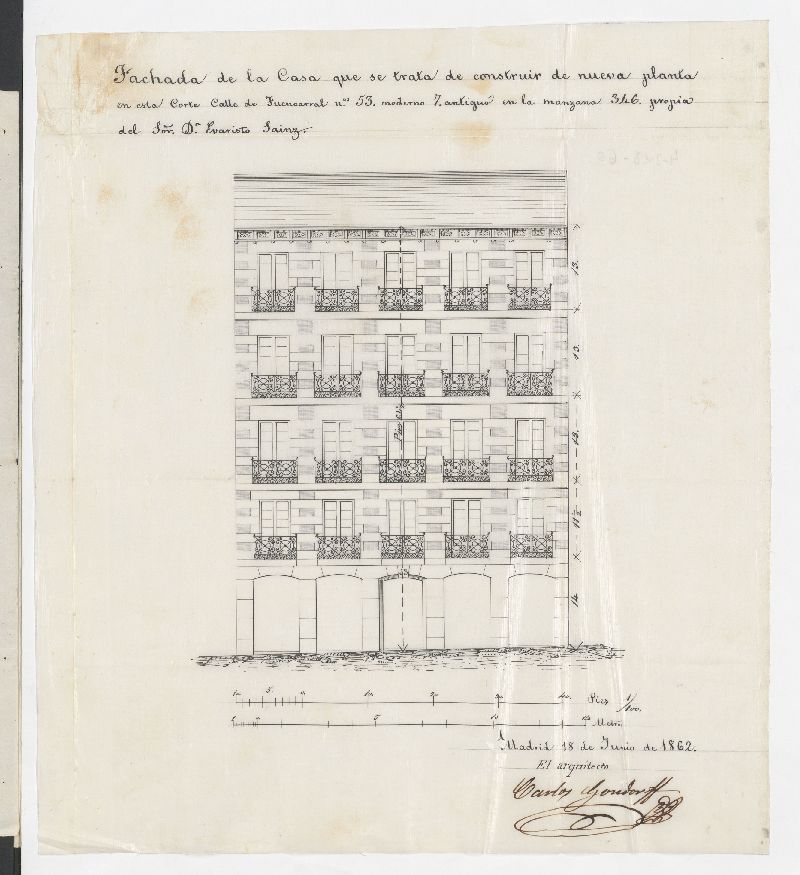 D. Evaristo Sainz, para construir de nueva planta, la casa de su propiedad, sita en la calle de Fuencarral n 7 antiguo, 53, moderno de la manzana 346.