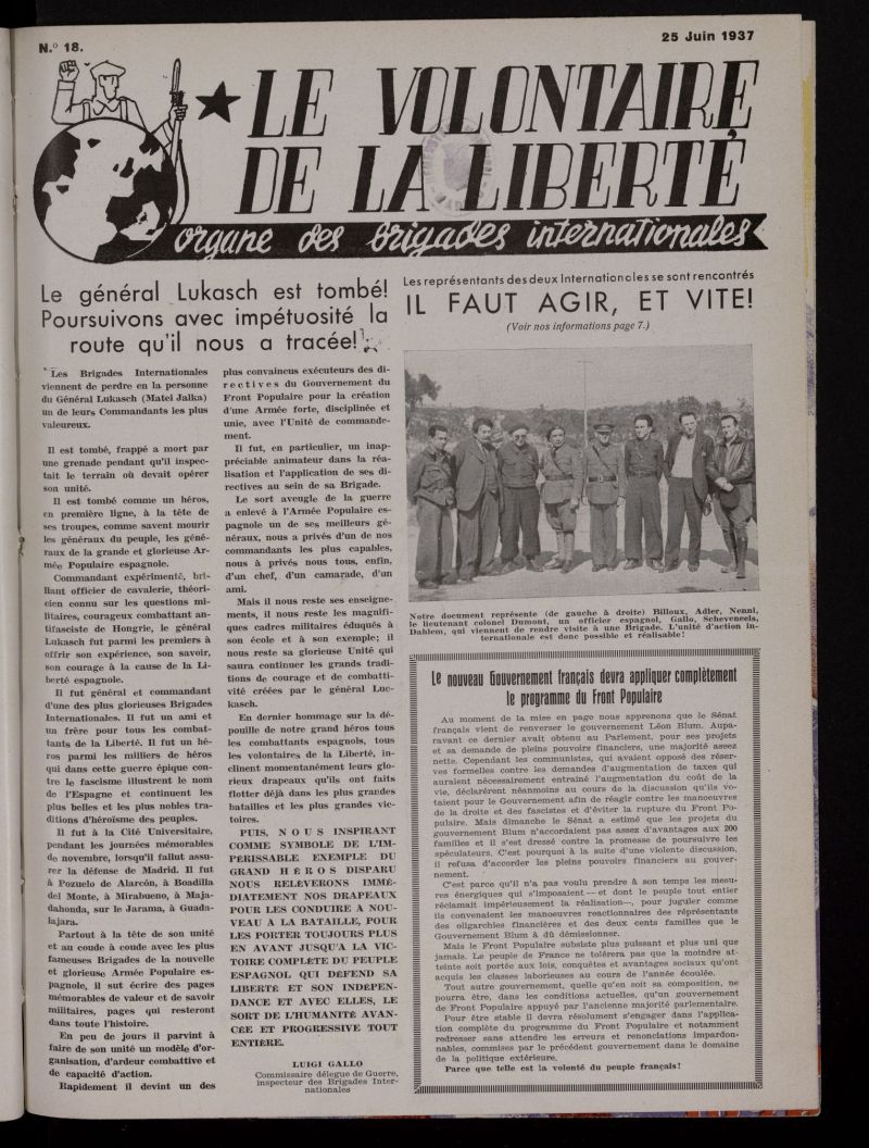 Le Volontaire de la Libert : Organe des Brigades Internationales. 25 Juin, 1937