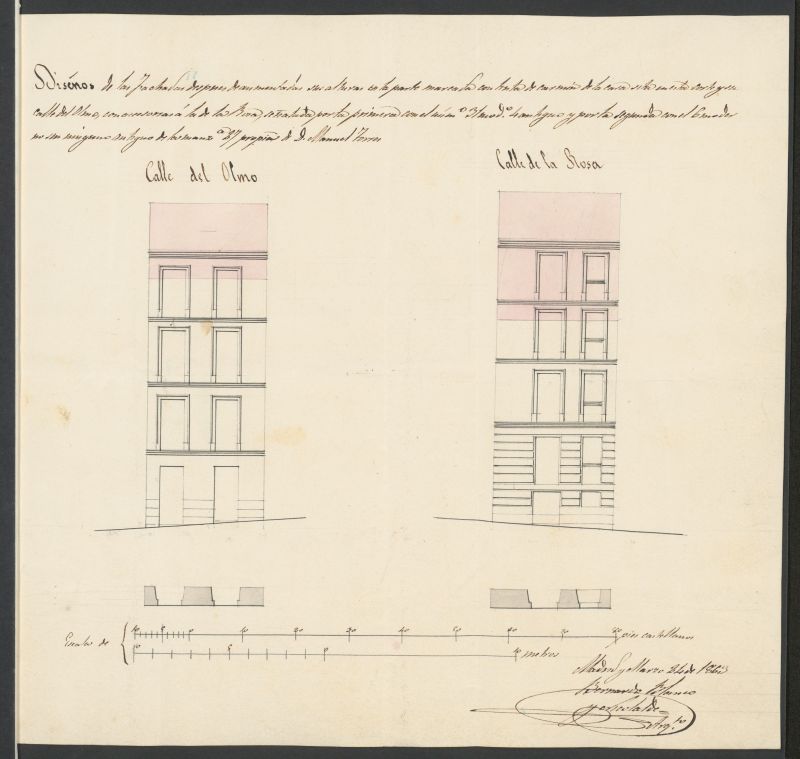 D. Manuel Torres, dueo de la casa calle del Olmo n 31, con accesorias a la de la Rosa n 6, manzana 27, para ejecutar varias obras, y entre ellas, la de levantar un poco la altura de la planta 2 por dicha calle de la Rosa, y construir sobre esta una 3 modificando algunos huecos de ventanas.