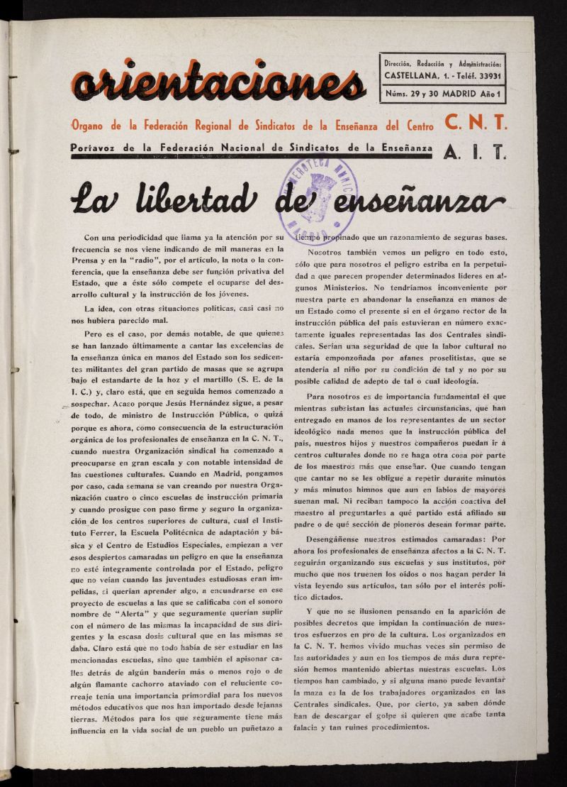 Orientaciones : rgano de la Federacin de Sindicatos de la Enseanza del Centro : portavoz de la Federacin Nacional de Sindicatos de la Enseanza del 25 de julio de 1937