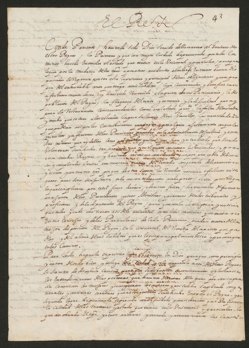 [Real cdula de Felipe IV dirigida al Conde de Aover comunicndole que ha resuelto formar una Junta de notables para que proponga medidas en orden a aligerar las cargas de sus sbditos, y pidindole que haga las propuestas que crea necesarias en este sentido]