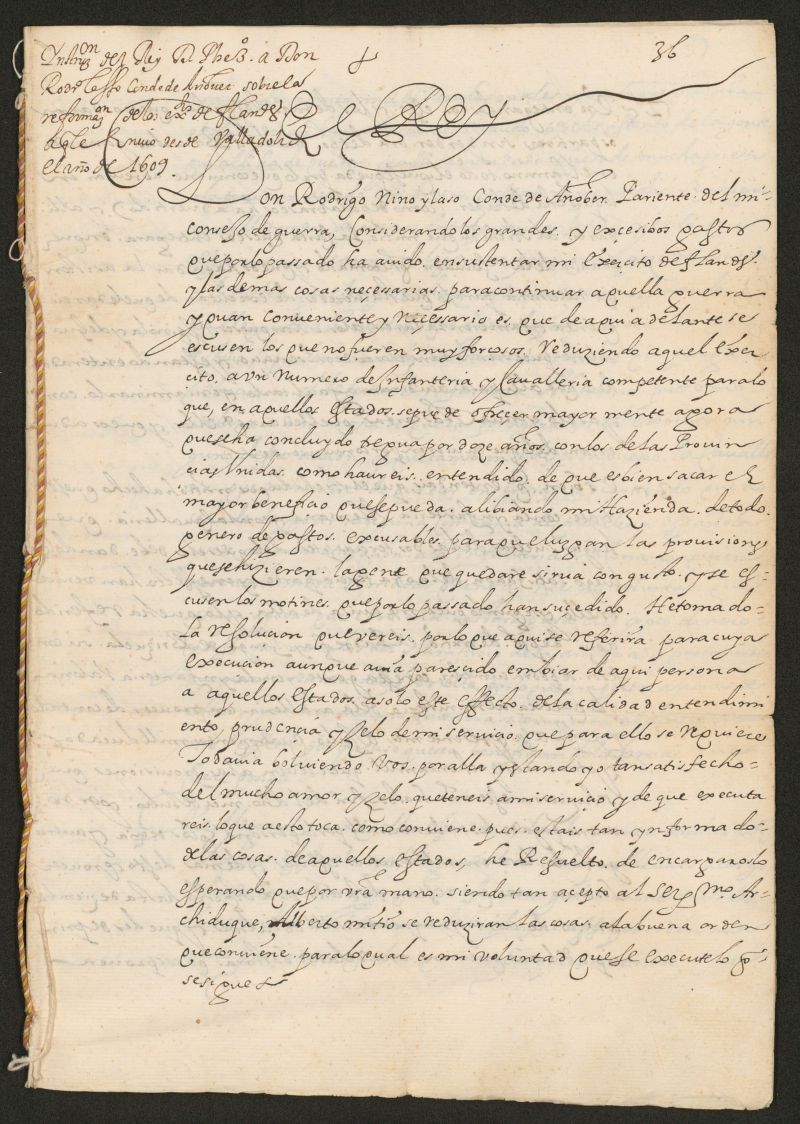 Instrucion a Don Rodrigo Nio Laso Conde de Aober de lo que se ha de hazer en la reformaion de Flandes