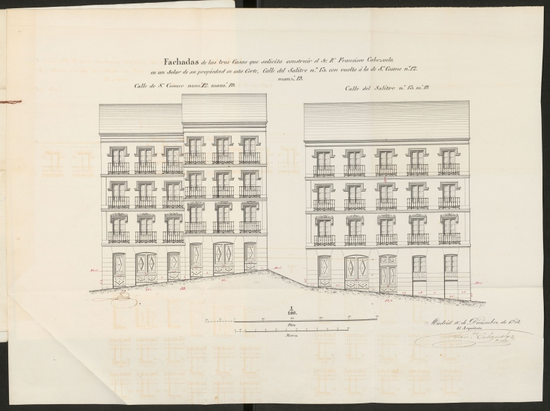 D. Francisco Cabezuelo y Cueto, para construir de nueva planta la casa de su propiedad, sita en la calle del Salitre nº 13, con vuelta a la de S. Cosme nº 12.