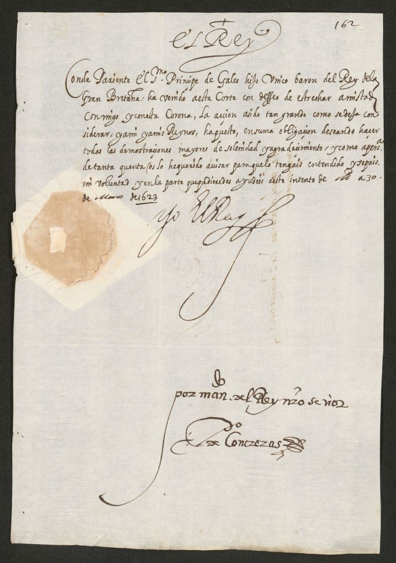[Real cdula del Rey Felipe IV al Conde de los Arcos anuncindole la llegada del Prncipe de Gales y su deseo de agradecrselo con las mayores demostraciones de solemnidad]