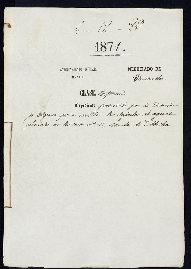 D. Domingo Elguero, para embeber las bajadas de aguas fluviales en la casa n 15, Ronda de Atocha.