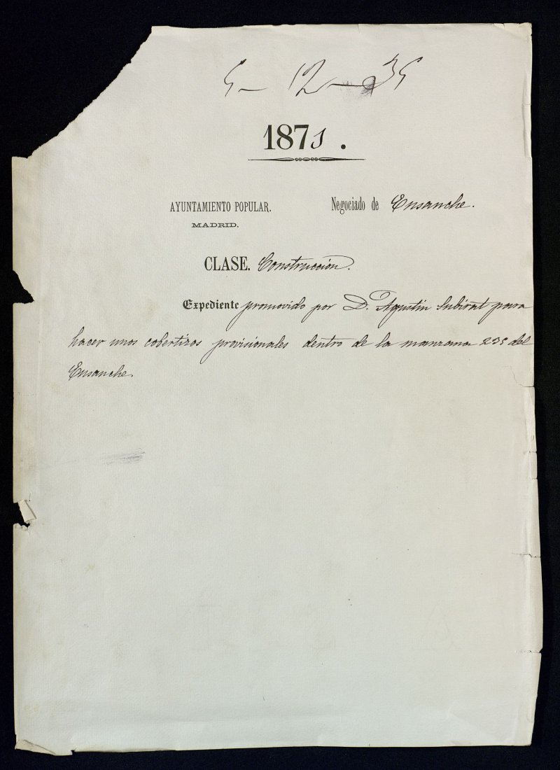 D. Agustn Subirat, para hecer unos cobertizos provisionales dentro de la manzana 235 del Ensanche.