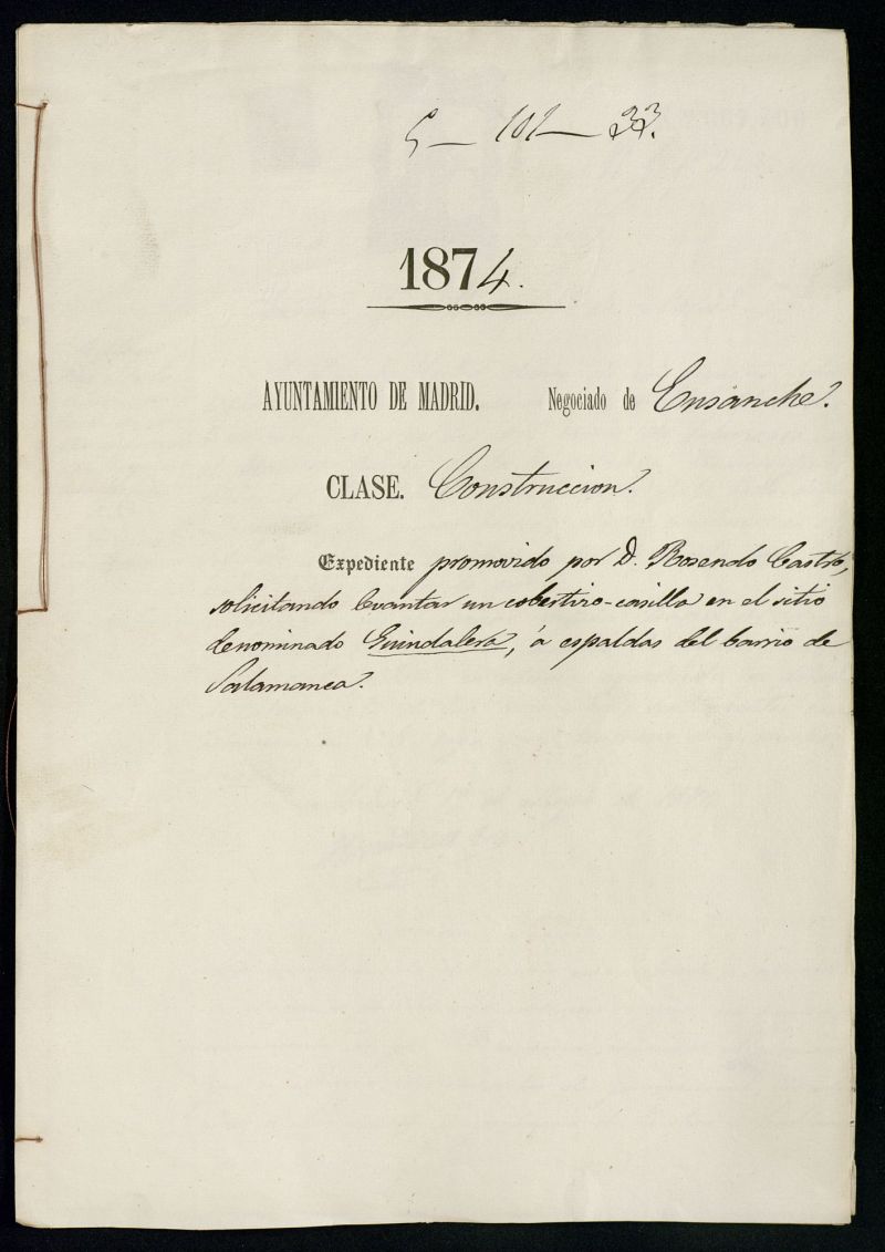 D. Rosendo Castro, solicitando levantar un cobertizo-casilla en el sitio denominado Guindalera, a espaldas del barrio de Salamanca.