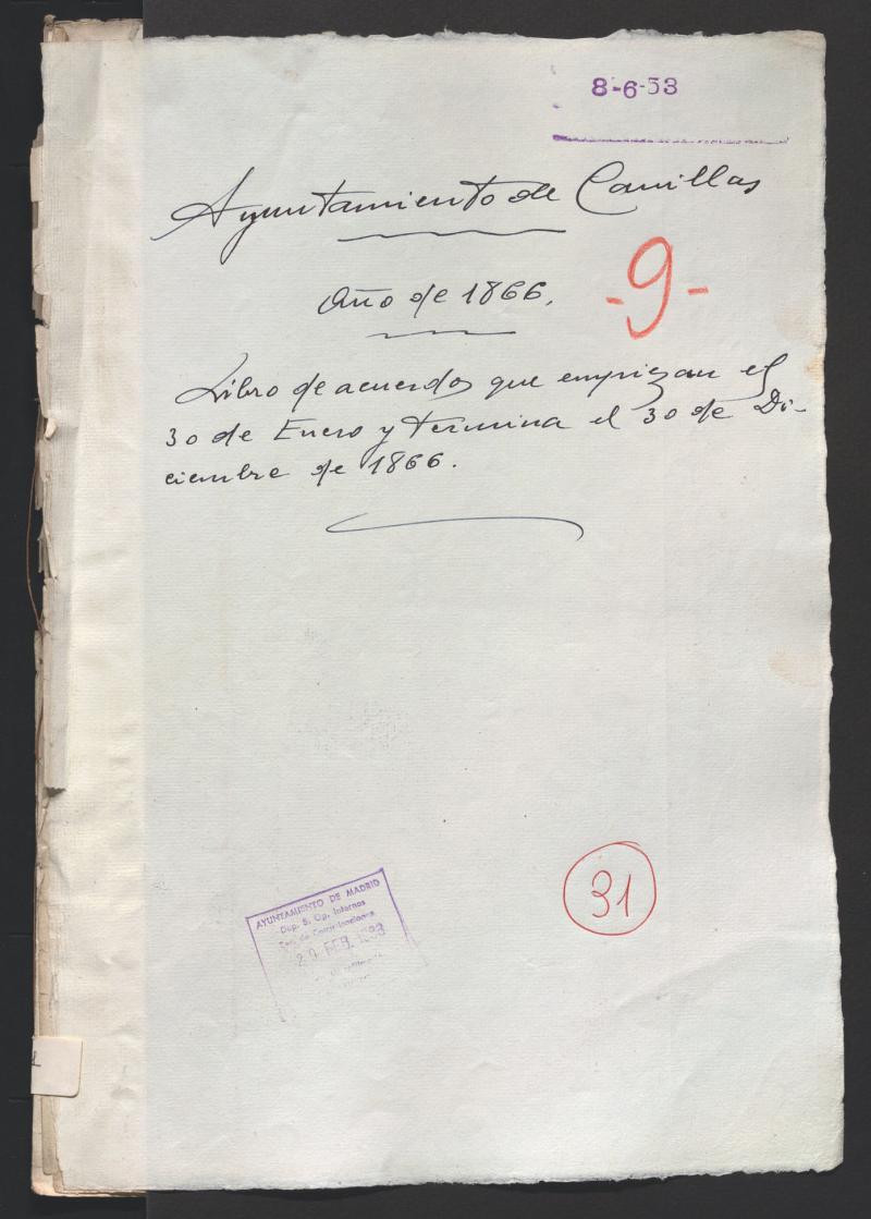 Actas y acuerdos del ayuntamiento de Canillas de 1866. Libro 31.