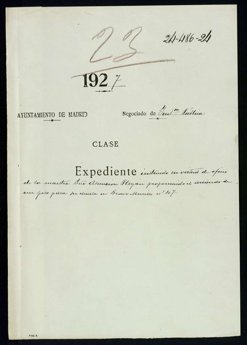 Arriendo de un piso en la calle Bravo Murillo 107 para una escuela. 1927