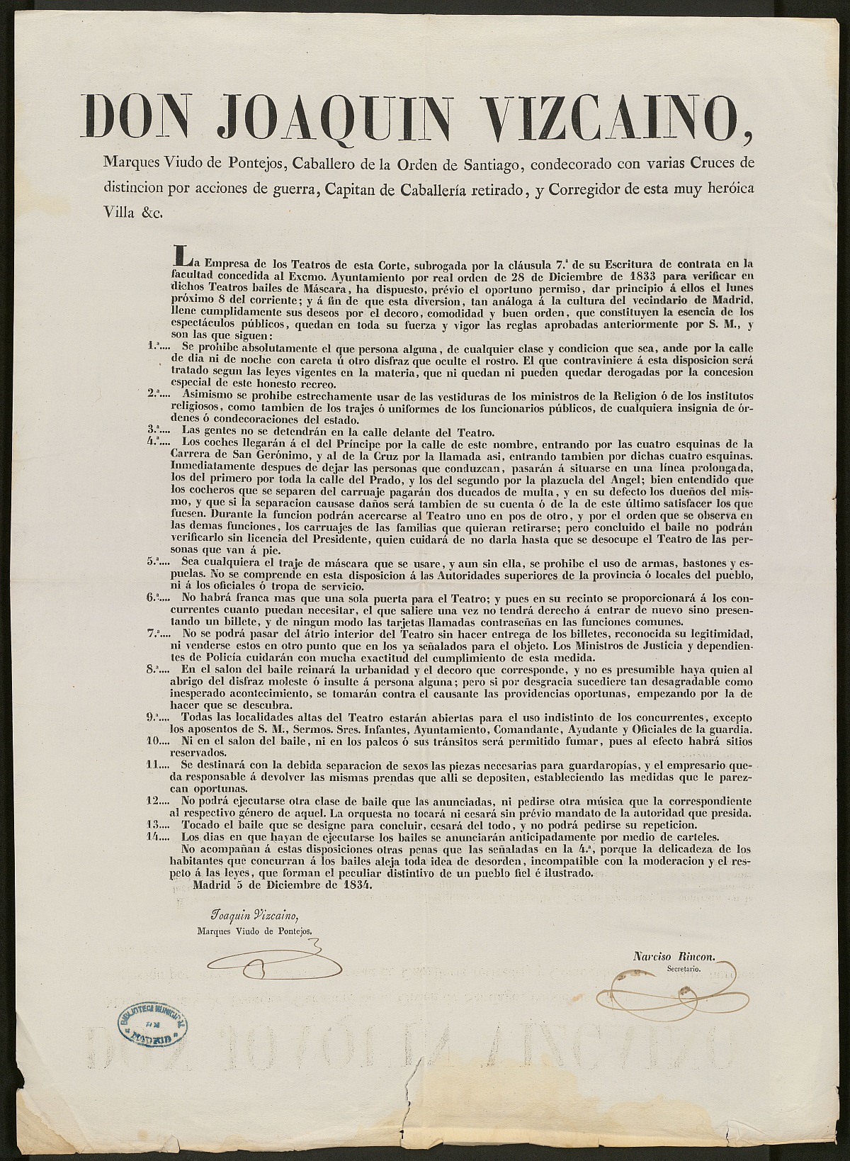 Bando dictado por el Corregidor Joaqun Vizcano, marqus Viudo de Pontejos, sobre la organizacin de bailes de mscaras en los teatros de la ciudad