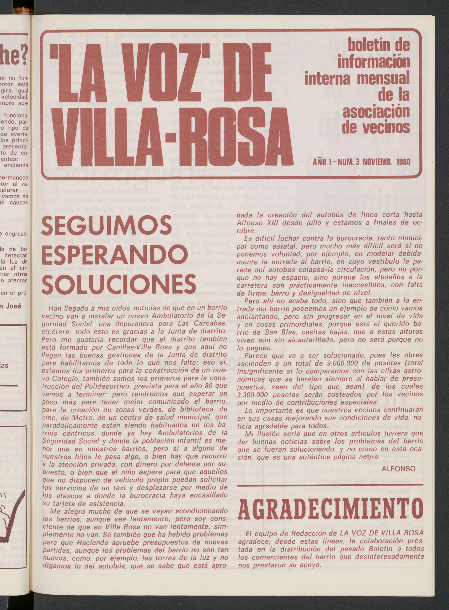 La Voz de Villa-Rosa: boletn informativo mensual de la asociacin de vecinos, n 3 de noviembre de 1980