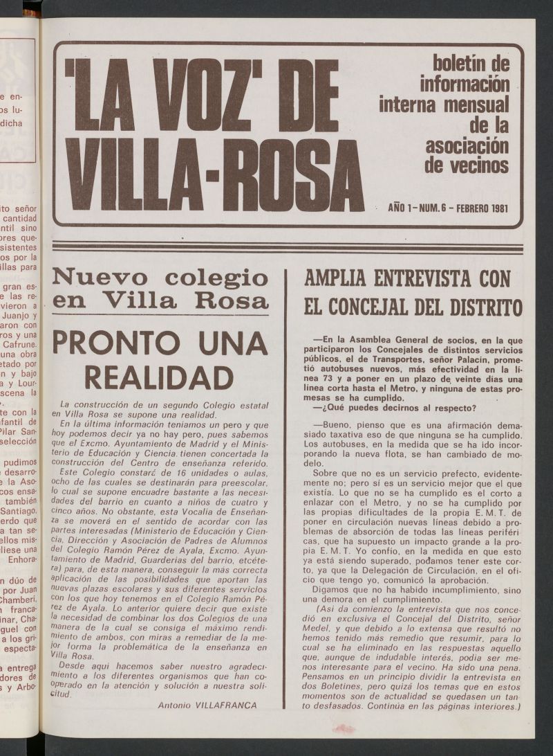 La Voz de Villa-Rosa: boletn informativo mensual de la asociacin de vecinos, n 6 de febrero de 1981